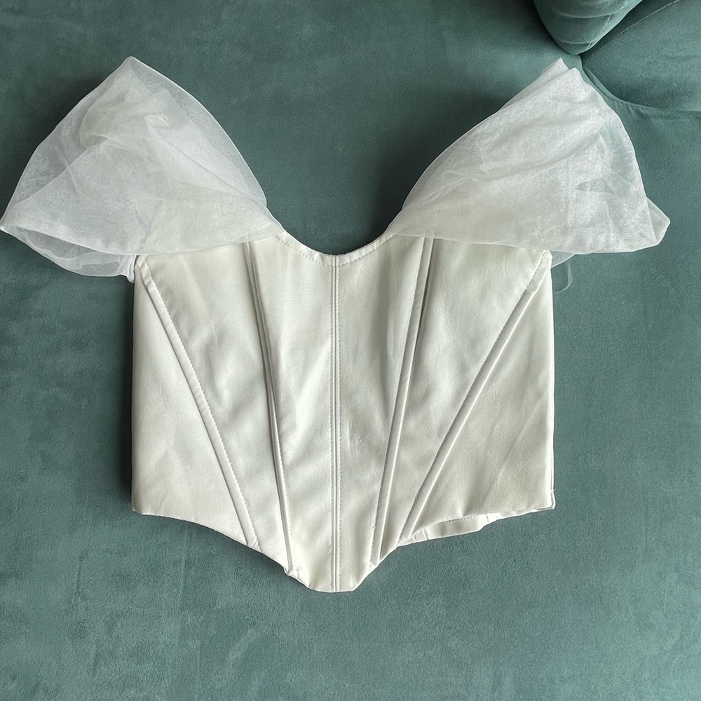 AKIRA White Faux Leather Corset with Tulle Sleeves